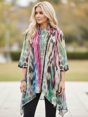 Feratelli Tunic Top M Artsy Zip Front Boho Flowy Mix Print Chic Maximalist Indie